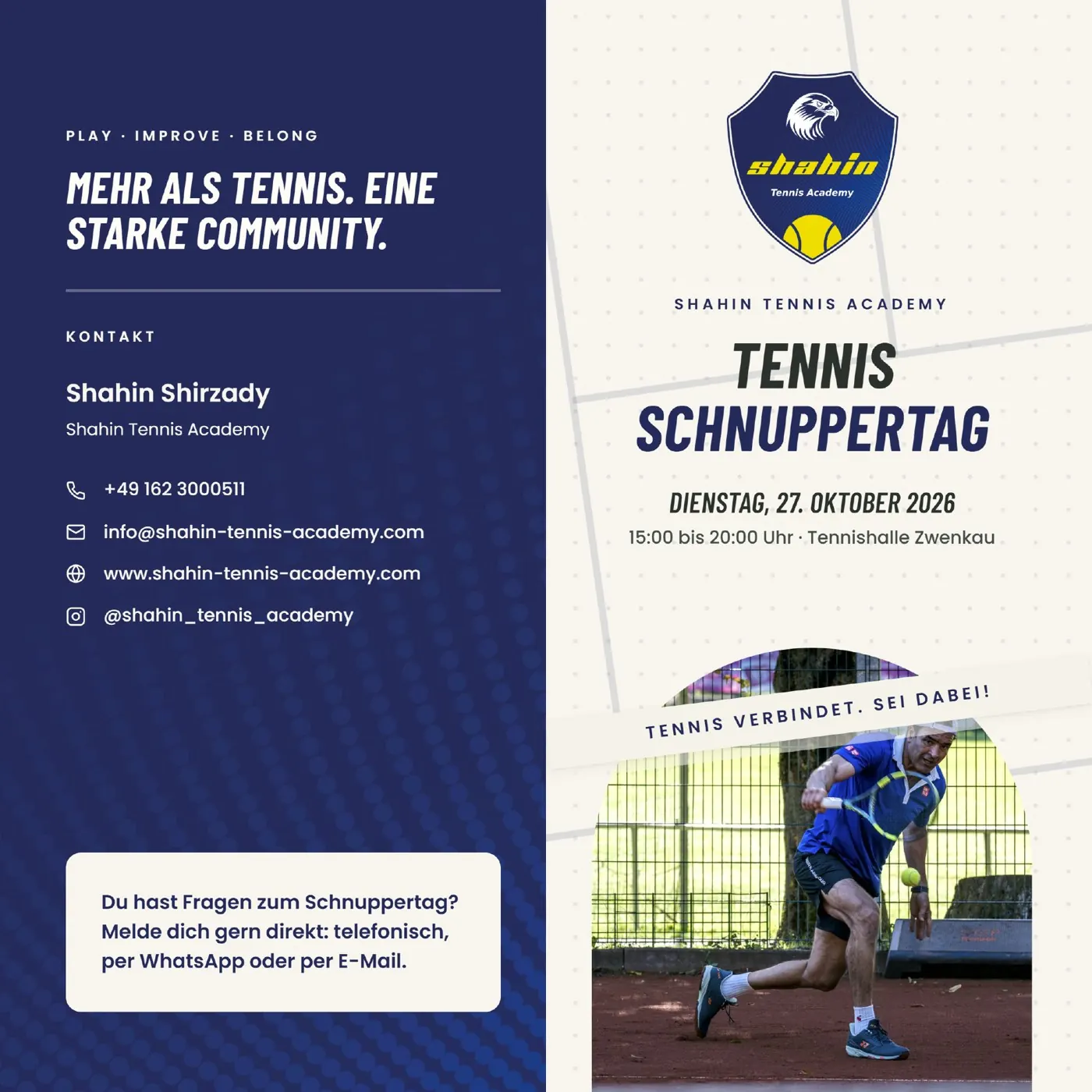 Flyer Tennis-Schnuppertag der Shahin Tennis Academy am 27. Oktober 2026 in der Tennishalle Zwenkau